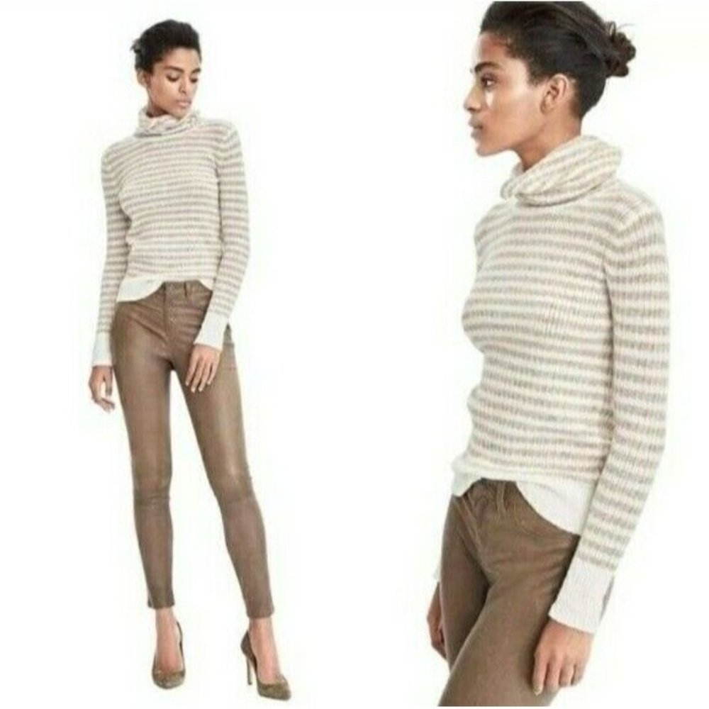 Striped Cream and White Turtleneck Sweater